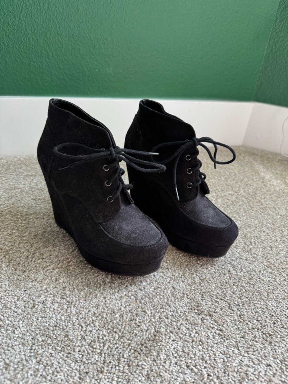 Black Suede Lace-Up Wedge Booties - Women